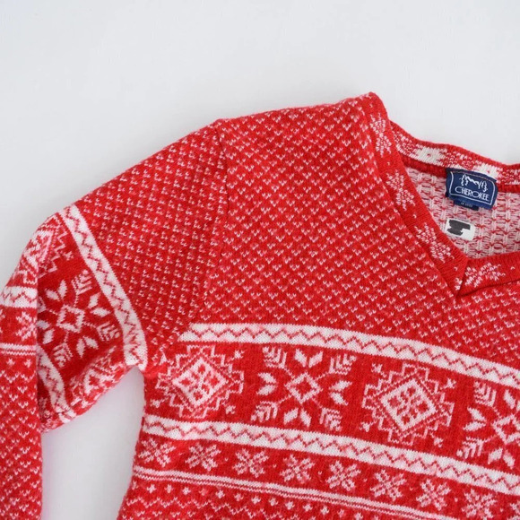 Vintage 90's Cherokee Red  & Cream Snowflake 30% Wool Knit V-Neck Sweater L - Picture 10 of 12